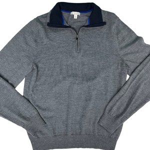 Gap Mens LARGE Merino Wool Half Zip Gray Navy Blue Pullover Sweater